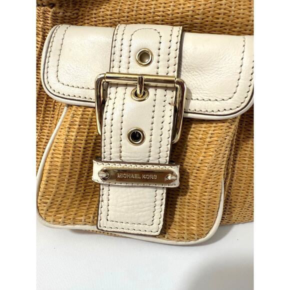 Michael Kors Straw Woven White Leather Shoulder Bag Gold Multiple Pockets - Picture 5 of 11